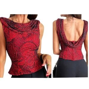 Andretta Donatello Y2K Red Paisley Beaded Sleeveless Cowl Neck Vintage‎ Blouse M